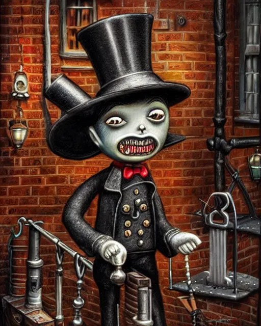Image similar to highly detailed closeup, portrait of a tin toy jack the ripper in tin toy victorian london streets, hyper realistic, artstation, illustration, nicoletta ceccoli, mark ryden, lostfish, dan decarlo, bob clampett, max fleischer, digital paint, matte paint, vivid colors, detailed and intricate environment