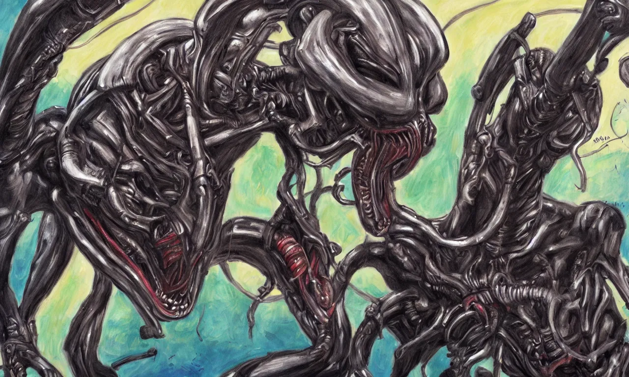 Prompt: a paiting of a xenomorph drawn by a kid