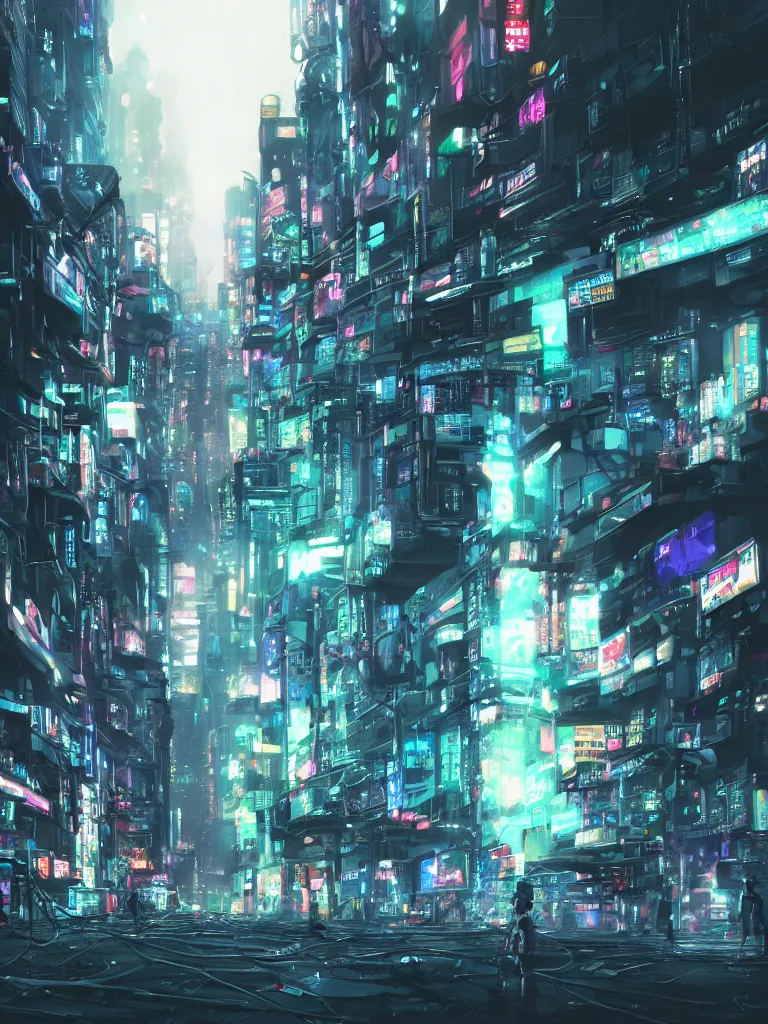 Prompt: futuristic cyberpunk street, cable stone ground. lots hanging cables, tiny wires on the ground. narrow, garbage on the ground. rain. fog, haze, evening. led screens. neon signs. ghost in the shell. very sharp. cables on the ground. very messy. futuristic. photorealistic. artstation. anime. studio gimbli style. golden rate.