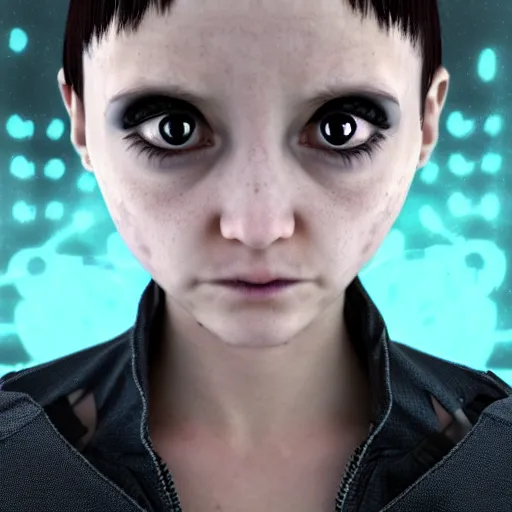 Image similar to little alien girl with big sad black eyes and dark hair, bangs cover half of her face, sci - fi, 3 d, photorealistic, ultra - details