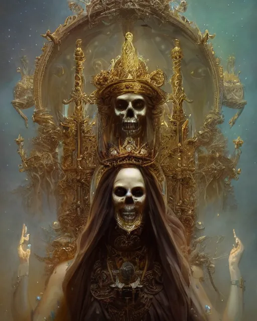 Prompt: 4k cinematic full view ethereal Skull wearing intricate religious gilded Madonna crown ivory , Unreal Engine 5, God Rays, Lumen, by Peter Mohrbacher, by Ruan Jia, by Greg Rutkowski, by Leonardo Da Vinci, detailed and realistic, poetic and symbolic, Trending on Artstation