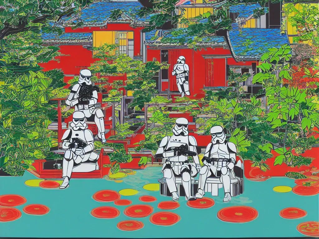 Image similar to detailed composition of the japanese home with a garden and a pond, 2 stormtroopers sitting around it, pop - art style, jacky tsai style, andy warhol style, rich palette, acrylic on canvas