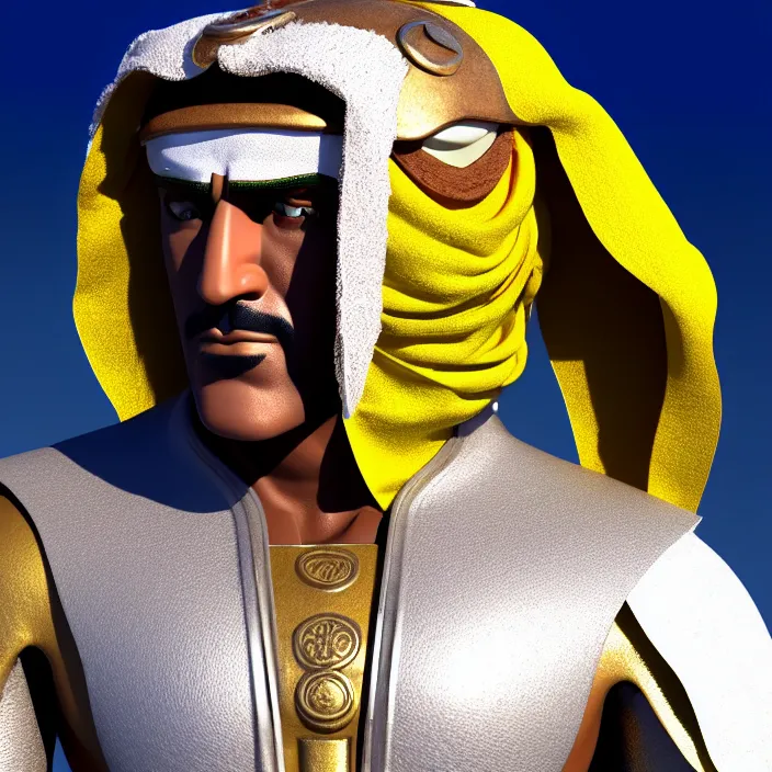 Prompt: bust, captain falcon as sheik mohammad ruler of dubai, head and torso only, masterpiece, medieval arabia, sharp details, hd, 4 k