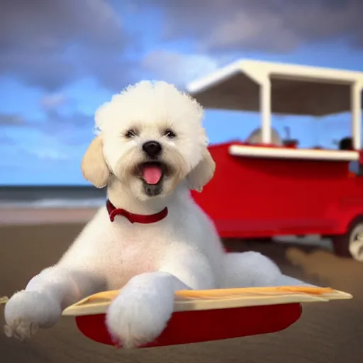 Prompt: a photorealistic photograph of a smiling white Bichon Frisé puppy riding in red wagon and eating french fries during sunset at the beach Trending on Artstation, featured on Behance, well-rendered, Unreal Engine, 4K HD