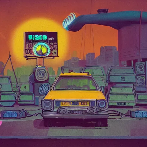 Prompt: chow chow dj in ibiza in the style of simon stalenhag - n 9