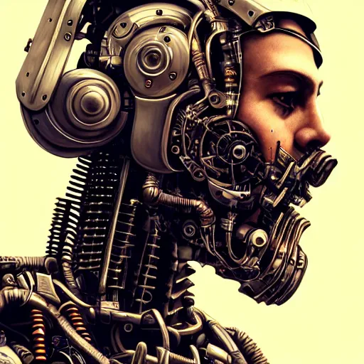 Image similar to ultra realist intricate detailed pin - up painting of a single rugged cyborg male, bearded face and cyborg tech on body and legs, symmetry accurate features, cyberpunk, industrial, apocalyptic, very intricate details, focus, high resolution, 8 k resolution, dramatic lighting, artstyle hiraku tanaka, award winning