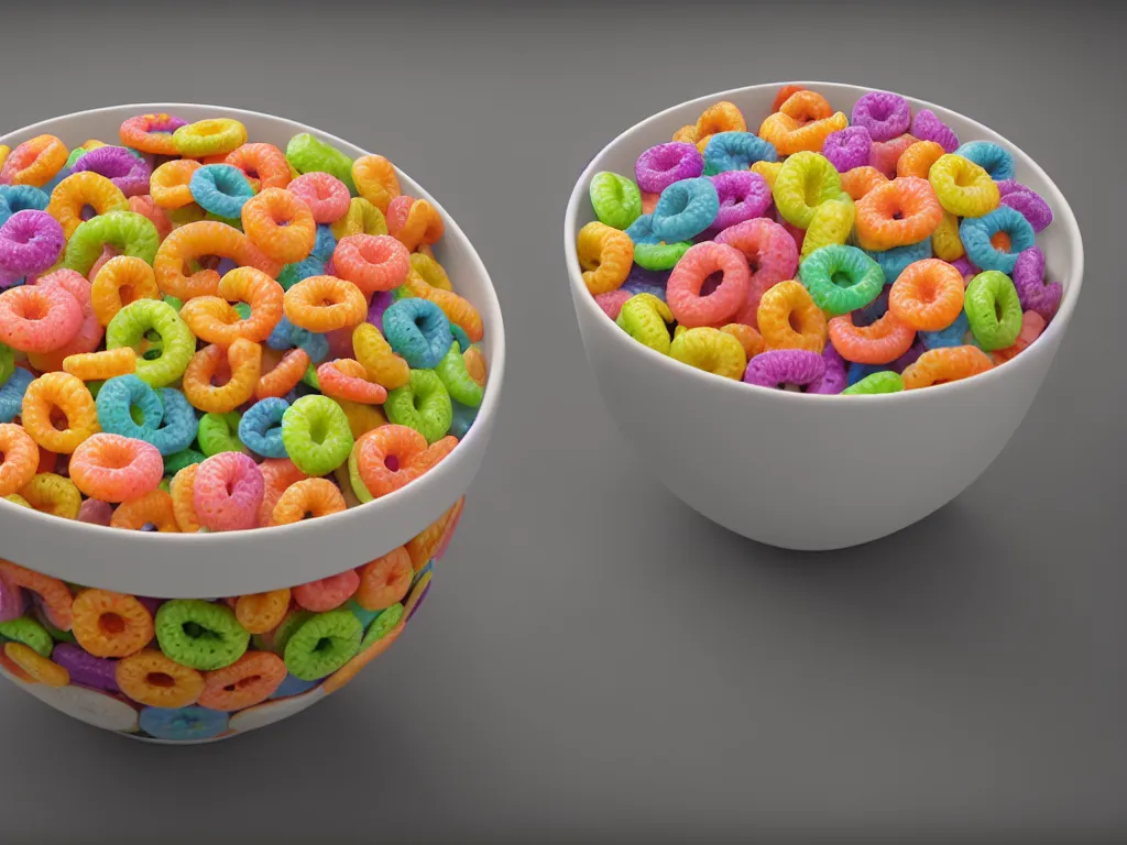 Image similar to bowl of fruit loops in milk, high realism, crunchy, glossy, high detail, stylized, pixar, substance painter, octane render