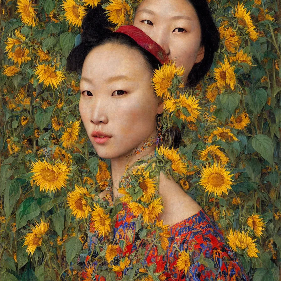 Prompt: a beautiful mongolian woman wearing colourful face paint surrounded by bright intricate patterns of sunflowers and other plants, by edgar maxence and caravaggio and michael whelan, intricate painting, hyperrealistic, finely detailed and beautiful aesthetic face, 8 k resolution