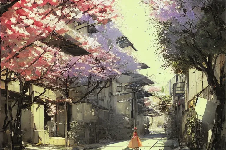 Image similar to beautiful Japanese anime alleyway with sakura trees, art by JOHN BERKEY, rule of thirds