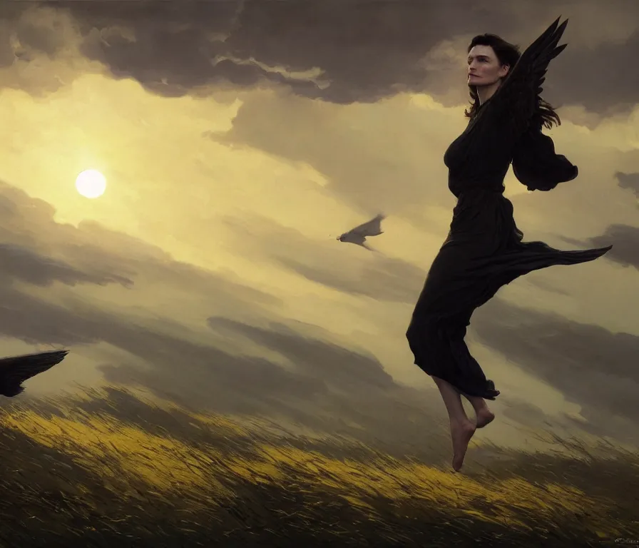 Prompt: rachel weisz spreading wings on her back. watches the sunset. confident pose. lush landscape. concept art by greg rutkowski, john j. park, jason chan, noah bradley, feng zhu, gintas galvanauskas, gustave courbet, rosa bonheur, edward hopper. sharp focus, cinematic atmosphere, detailed and intricate, perfect anatomy