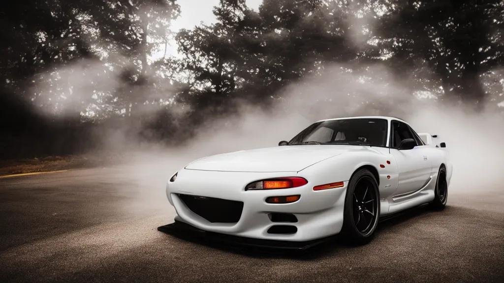 Image similar to mazda rx 7 fc with pop up headlights, cinematic, long exposure, white balance, 8 k, led, lumen global illumination, fog, ray tracing reflections