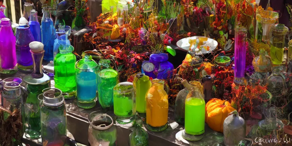 Prompt: colorful potions at the harvest festival, hyper realistic, 8 k, insane details,