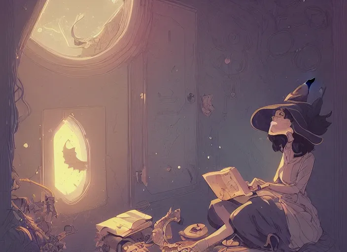 Prompt: highly detailed a little witch opening a book art by ghailan, james gilleard, by joe fenton, by greg rutkowski, by greg tocchini, by kaethe butcher, 4 k resolution, gradient yellow, black, brown and cyan color scheme, grunge aesthetic!!!