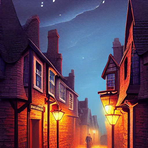 Image similar to A quaint, magical, medieval, London street at night, Tudor houses, digital painting by Alena Aenami, trending on artstation