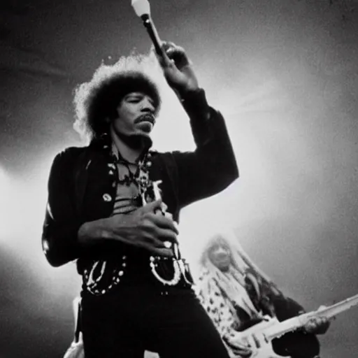 Prompt: jimi hendrix as the singer of black sabbath in a big stadium concert