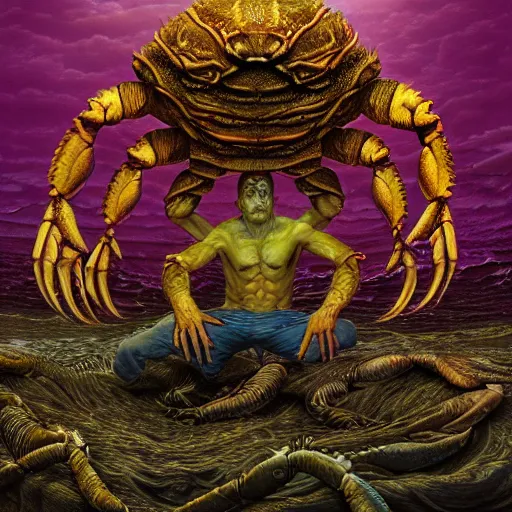 Image similar to photorealistic crab people in the style of michael whelan and gustave dore. hyperdetailed photorealism, 1 0 8 megapixels, amazing depth, glowing rich colors, powerful imagery, psychedelic overtones, 3 d finalrender, 3 d shading, cinematic lighting, artstation concept art