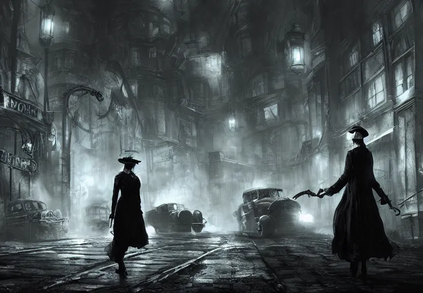 Prompt: painting of the figure a female investigator in a lovecraftian arkham city scenery, 1 9 2 0 cars, high contrast, concept art, dramatic lighting, digital art, 8 k, arkham city, call of cthulhu, extremely detailed, drawn by ruan jia