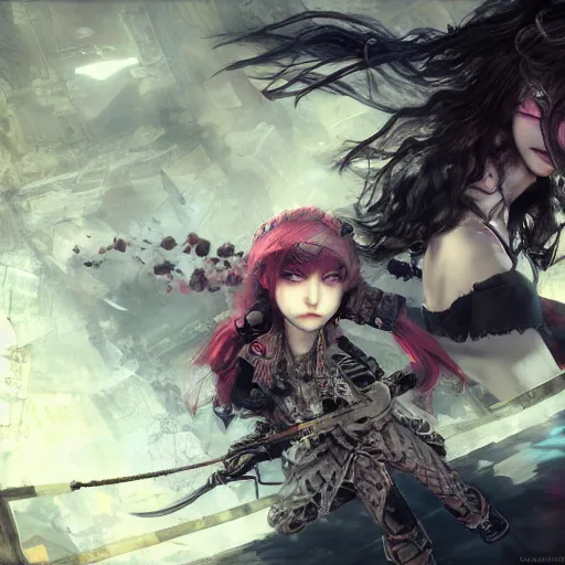 Image similar to goth woman playing videogames, tankoban, 4 k, tone mapping, akihiko yoshida, james jean andrei riabovitchev marc simonetti, yoshitaka amano, long hair, curly, h. hydrochaeri