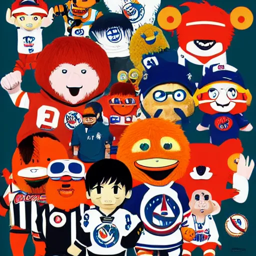 Image similar to illustration of youppi in a gang with all nhl mascots by ilya kuvshinov katsuhiro otomo