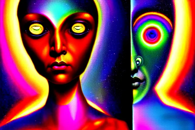 Image similar to patron saint of 🛸🌈👩🏾, futuristic iridescent clothing, wormhole, nebula, black hole, multiverse, neon god of city character portrait, in the style of margaret keane, moebius, tom bagshaw, and waterhouse, cinematic lighting, beautiful, elegant, oil painting,