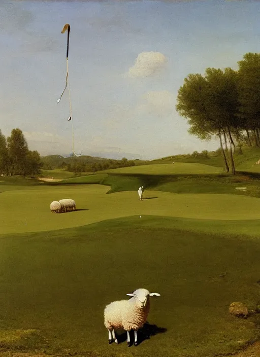 Image similar to a sheep swinging a golf club, sharp focus, matte painting, by isaac levitan and asher brown durand,