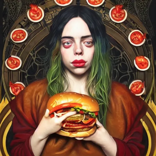 Prompt: detailed full body concept art illustration oil painting of Billie Eilish consuming hamburgers, extra ketchup, bacon lettuce and tomatos, oriental art nouveau, frock, mid body, radiant halo of light, black gold smoke ink, woman covered in sliced tomatos and onions, peter mohrbacher, artgerm