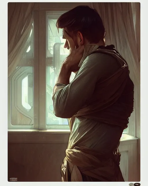 Image similar to attractive man looking out the window sadly, highly detailed, digital painting, artstation, concept art, smooth, sharp focus, illustration, art by artgerm and greg rutkowski and alphonse mucha