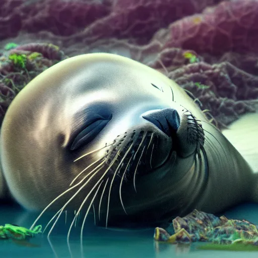 Image similar to A seal sleeping peacefully in a kelp forest, Prince in pastel!, cinematic, hyper realistic, detailed, 8k, octane render.