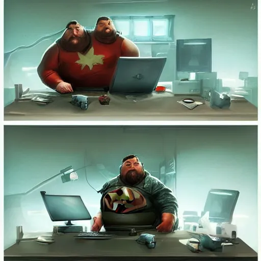 Image similar to a insanely detailed painting of a slightly overweight man wearing a homemade superhero costumed, sitting at a computer desk, nervously and clicking on the mouse, in the style of peter mohrbacher, dramatic lighting and composition, trending on artstation, concept art, comic book