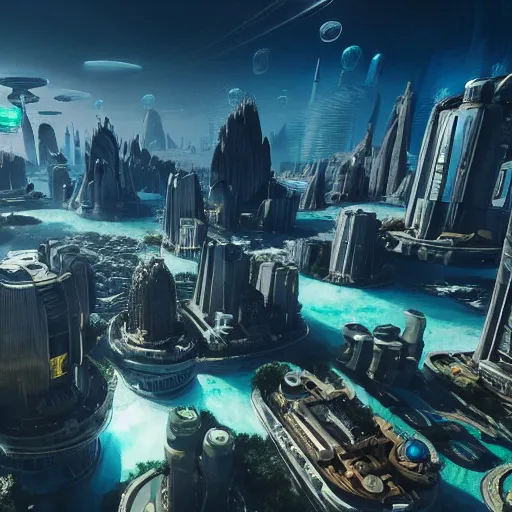 Image similar to photo of giant scifi city under bubbles in the sea, artstation, ultra detailed, unreal engine 5, photorealistic, wide-angle, 8k