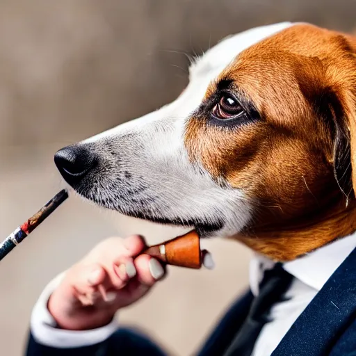 Image similar to a high detail closeup photograph of a dog wearing a suit 👔,and smoking a cigarrette🚬, award wining photograph