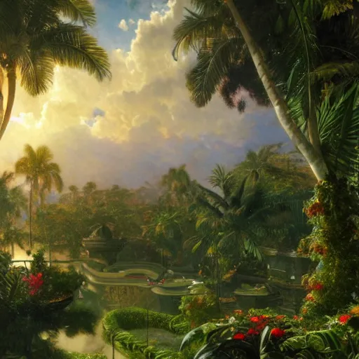 Image similar to a highly detailed matte painting of a garden hedge with tropical flowers, large palm trees, epic fantasy, god rays, ultrawide lens, aerial photography, unreal engine, exquisite detail, 8 k, art by albert bierstadt and alphonse mucha