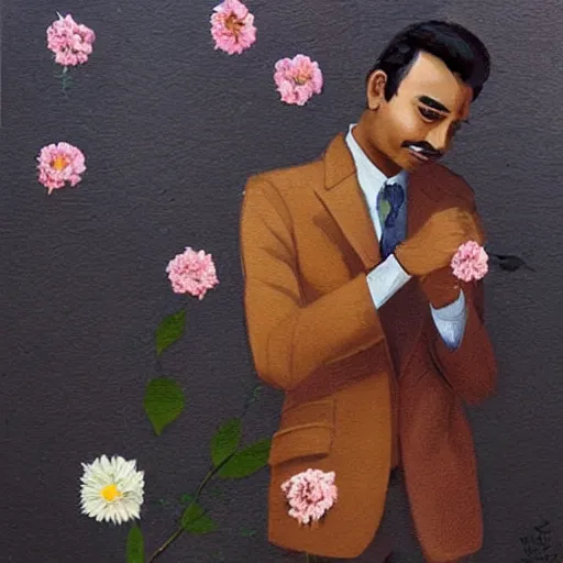 Image similar to indian guy standing and holding flowers, looking nostalgic, in love, dapper,full portrait, artwork by Cheng, Hsiao-Ron and Wes Anderson