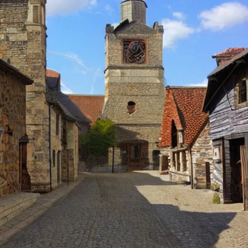 Image similar to a small medieval town, rural, blacksmith, town square, church, cartographism!!!!