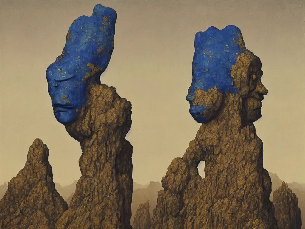 Prompt: Albino mystic with his back turned, looking in the distance in the mountains at giant totemic archaic sculpture mask Henri Moore sculpted temple from Lapis Lazuli with beautiful exotic crane. Painting by Jan van Eyck, Beksinski, Audubon, Rene Magritte, Agnes Pelton, Max Ernst, Walton Ford