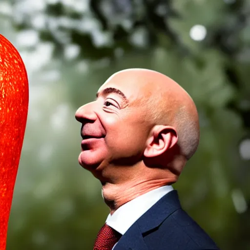 Image similar to portrait photo of jeff bezos finding a giant red mushroom, exhilarated, portrait, closeup. mouth open, 30mm, bokeh