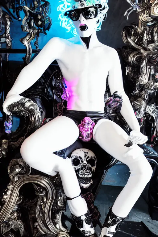 Image similar to full-body rococo and cyberpunk style neon statue of a young attractive Tanner Buchanan wearing cholo shades macho android sim roupa reclining con las piernas abertas, glowing white lasers, glowing eyes, white prince crown, black gears, diamonds, swirling mint-colored silk fabric. futuristic elements. full-length view. human skulls. large intricate artwork by caravaggio. Trending on artstation, octane render, cinematic lighting from the right, hyper realism, octane render, 8k, depth of field, 3D