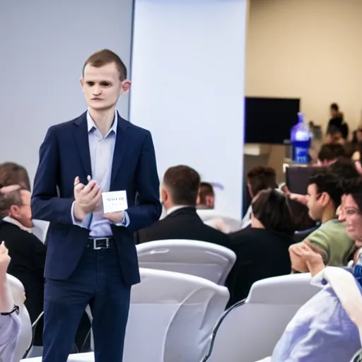 Prompt: vitalik buterin wearing a suit presenting at a conference, muscular, Canon EOS, full shot