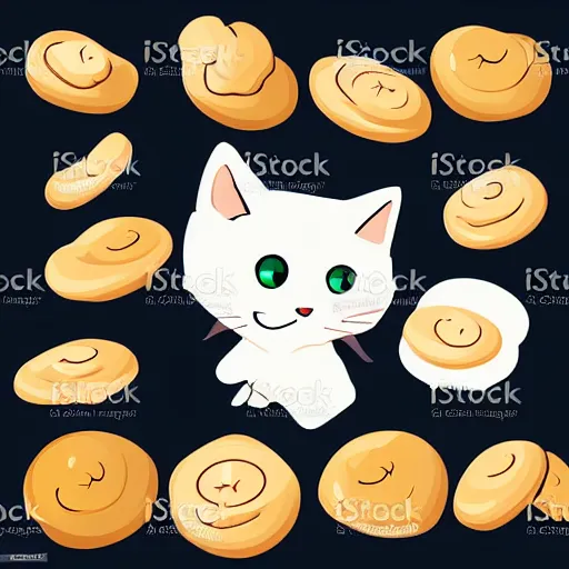 Image similar to vector art illustration, high definition, white background, of a silly cat baking cookies, in the style of anime