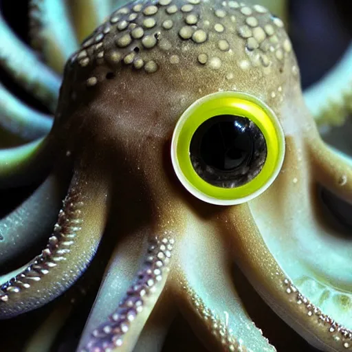 Image similar to a close up of an octopus with human eyes, a macro photograph by craola, flickr contest winner, mingei, lovecraftian, grotesque, macro photography