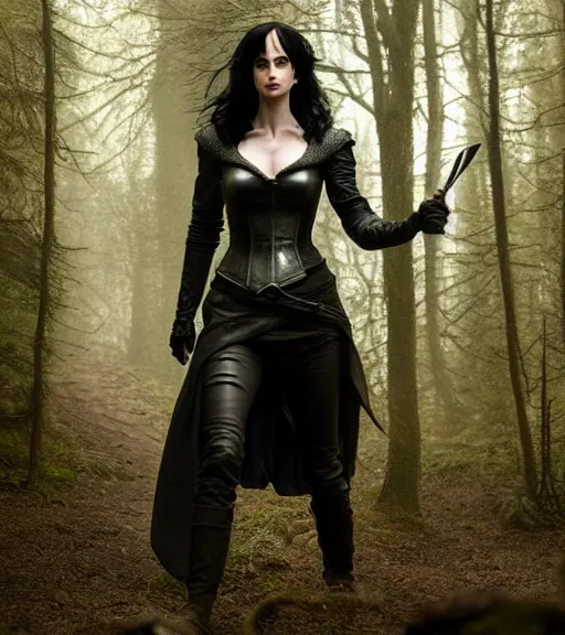 Prompt: 5 5 mm portrait photo of krysten ritter as yennefer of vengerberg in black leather armor and black hair, in a forest. magical atmosphere. art by greg rutkowski. lifelike. very detailed 8 k. intricate. soft light. nikon d 8 5 0.