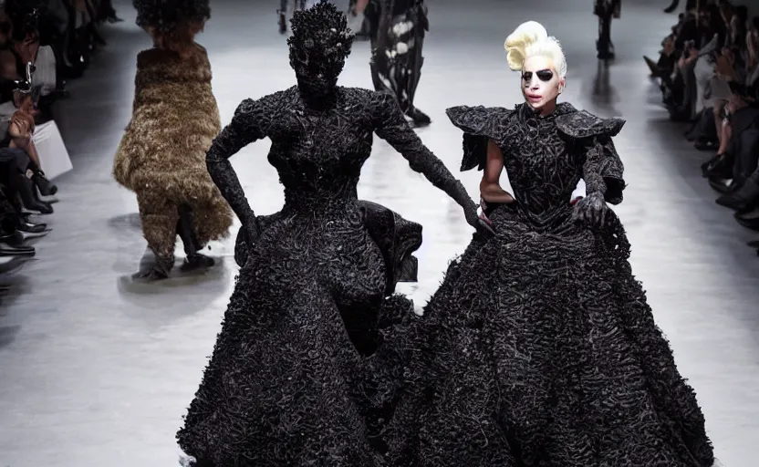 Image similar to lady gaga walking the runway in an alexander mcqueen archive collection at paris fashion week