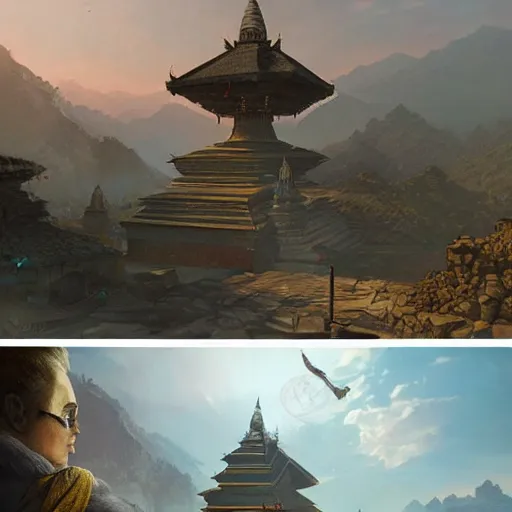 Image similar to painting nepal in year 2 0 7 7 with flying car and temple, ultra realistic, concept art, intricate details, eerie, highly detailed, photorealistic, octane render, 8 k, unreal engine. art by artgerm and greg rutkowski and alphonse mucha