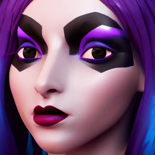 Prompt: still close up of pretty Xayah (LoL) in KDA More music video. 3d render, octane render, game art, realistic, highly detailed, trending on artstation, 4k, trending on artstation, pixar, cgsociety, unreal engine 5, redshift render, trending on artstation, blender, behance, cg