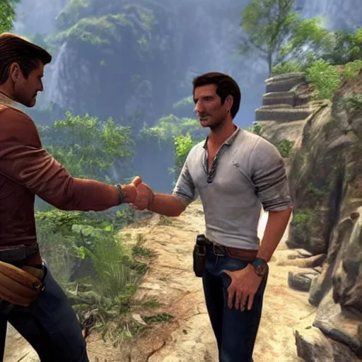 Prompt: nathan drake from uncharted shaking hands with donald trump