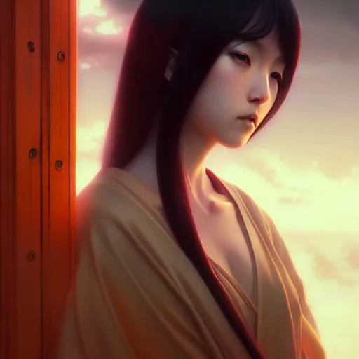 Image similar to angelic japanese girl by tom bagshaw, green eyes and long black hair by ilya kuvshinov, rtx reflections, octane render 1 2 8 k, extreme high intricate details by wlop, digital anime art by ross tran, wide shot, close up shot, composition by sana takeda, dramatic lighting by greg rutkowski