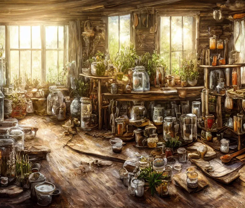 Image similar to expressive rustic oil painting, interior view of a cluttered herbalist cottage, waxy candles, [jars on wall], wood furnishings, herbs hanging, light bloom, dust, ambient occlusion, morning, rays of light coming through windows, dim lighting, brush strokes oil painting