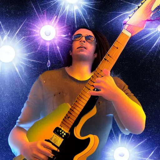 Image similar to a Alanis MOrisette guitarist playing so intensely there is electricity shooting out from his guitar, energy beams under his finger tips, and magic sparkles from the freboard, amazing ditial art, trending on artstation, featured on deviantart
