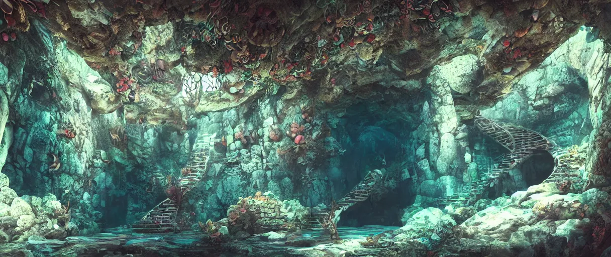 Prompt: a beautiful illustration of a an underwater first person perspective shot looking up a stone staircase leading to an ancient stone archway covered in coral and sea life that leads to with aaahh!!! Real monsters pouring out of it by James Gurney and beeple | Time White: .3 | cinematic lighting | unreal engine