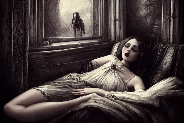 Image similar to a vintage film of a beautiful gothic girl lying on the coach, dark art, scary lighting, stunning scene, highly detailed, concept art, trending on artstation